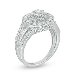 0.95 CT. T.W. Multi-Diamond Flower Three-Row Ring in 10K White Gold