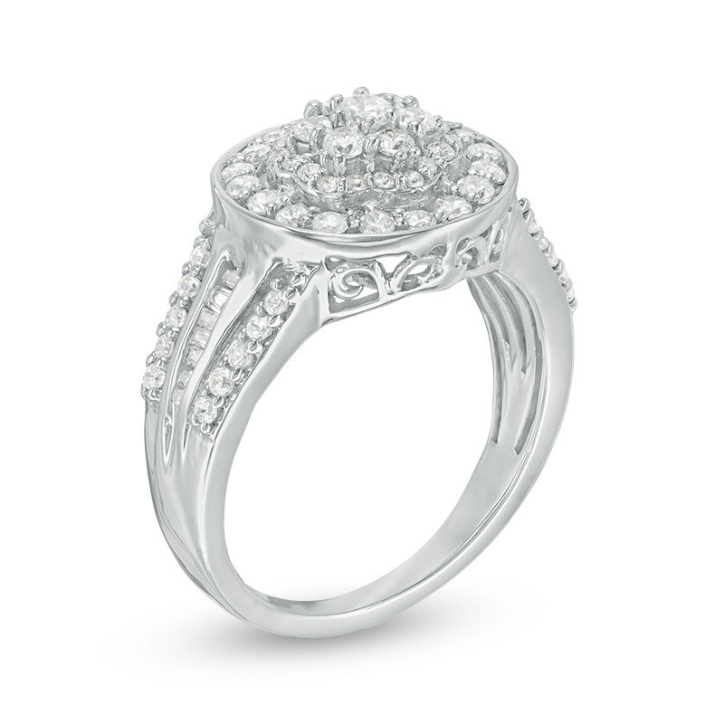 0.95 CT. T.W. Multi-Diamond Flower Three-Row Ring in 10K White Gold|Peoples Jewellers