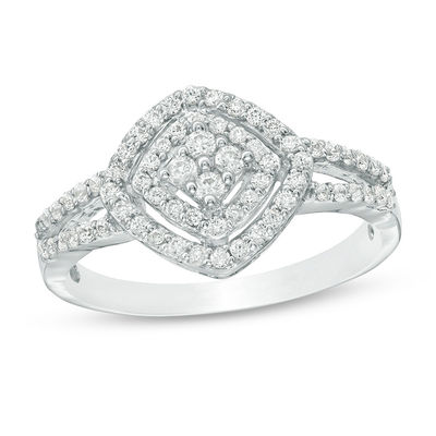 0.45 CT. T.W. Quad Diamond Tilted Double Cushion Frame Ring in 10K White Gold