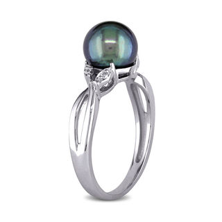 7.5-8.0mm Dyed Black Freshwater Cultured Pearl and Diamond Accent Leaf Crossover Shank Ring in 10K White Gold