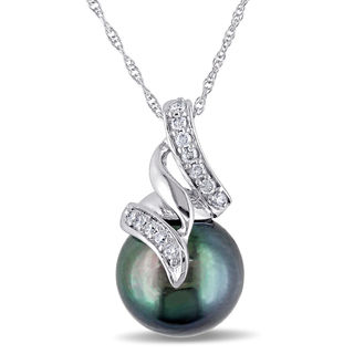 9.5-10.0mm Black Tahitian Cultured Pearl and 0.09 CT. T.W. Diamond Cascading Ribbon Pendant in 10K White Gold-17"