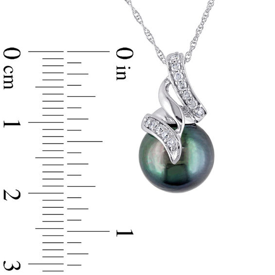 9.5-10.0mm Black Tahitian Cultured Pearl and 0.09 CT. T.W. Diamond Cascading Ribbon Pendant in 10K White Gold-17"