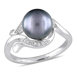 8.5-9.0mm Black Tahitian Cultured Pearl and 0.07 CT. T.W. Diamond Loop Ring in 14K White Gold