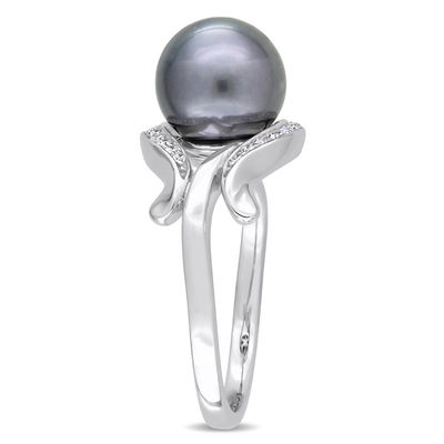 8.5-9.0mm Black Tahitian Cultured Pearl and 0.07 CT. T.W. Diamond Loop Ring in 14K White Gold