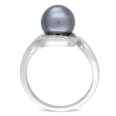 8.5-9.0mm Black Tahitian Cultured Pearl and 0.07 CT. T.W. Diamond Loop Ring in 14K White Gold