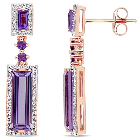 Elongated Baguette Amethyst and 0.31 CT. T.W. Diamond Frame Drop Earrings in 14K Rose Gold