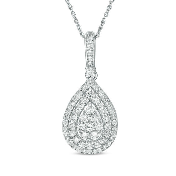 0.95 CT. T.W. Multi-Diamond Double Teardrop Frame Pendant in 10K White Gold