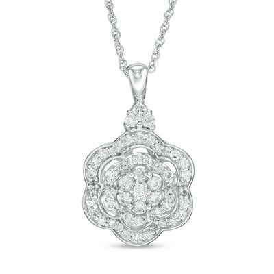 0.95 CT. T.W. Multi-Diamond Flower Pendant in 10K White Gold