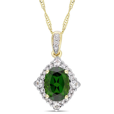 Oval Chrome Diopside, White Sapphire and 0.09 CT. T.W. Diamond Frame Pendant in 14K Gold - 17"