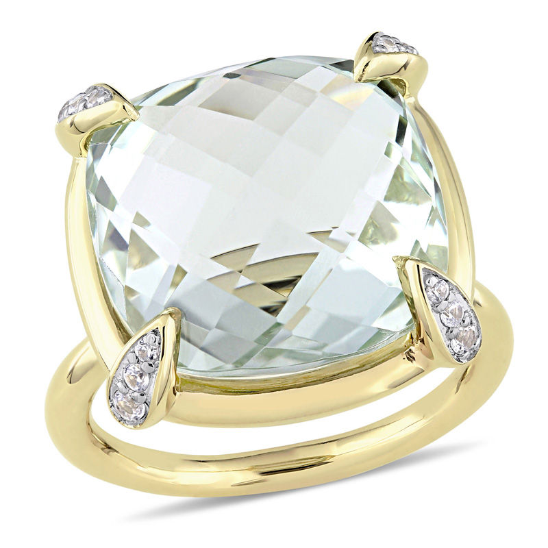 15.0mm Faceted Cushion-Cut Green Quartz and White Sapphire Ring in 14K Gold|Peoples Jewellers