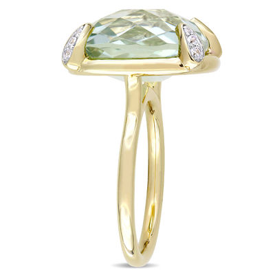 15.0mm Faceted Cushion-Cut Green Quartz and White Sapphire Ring in 14K Gold