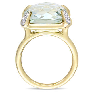 15.0mm Faceted Cushion-Cut Green Quartz and White Sapphire Ring in 14K Gold