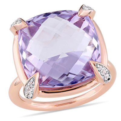 15.0mm Faceted Cushion-Cut Rose de France Amethyst and White Sapphire Ring in 14K Rose Gold