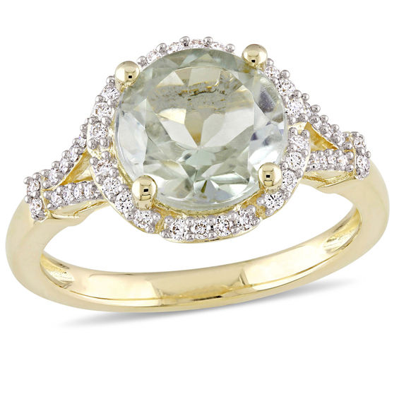 9.0mm Green Quartz and 0.20 CT. T.W. Diamond Frame Split Shank Ring in 14K Gold