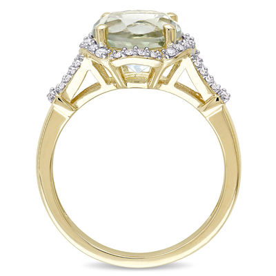 9.0mm Green Quartz and 0.20 CT. T.W. Diamond Frame Split Shank Ring in 14K Gold