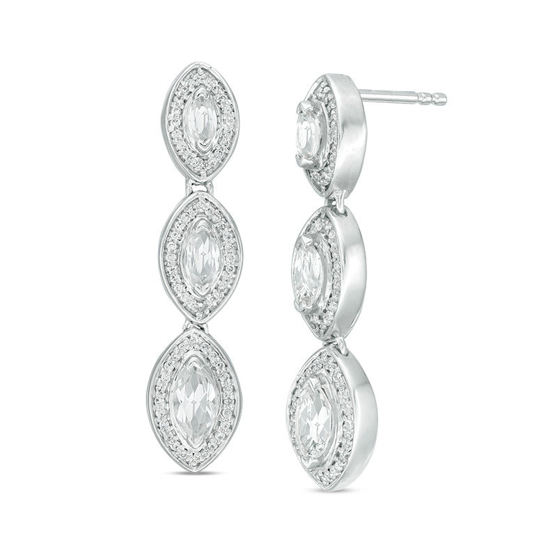 Marquise Lab-Created White Sapphire and 0.23 CT. T.W. Diamond Frame Triple Drop Earrings in Sterling Silver