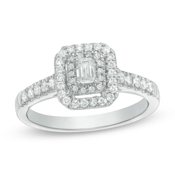 0.45 CT. T.W. Emerald-Cut Diamond Double Frame Engagement Ring in 14K White Gold