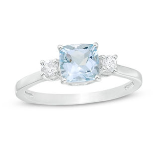 6.0mm Cushion-Cut Aquamarine and White Lab-Created Sapphire Three Stone Ring in Sterling Silver