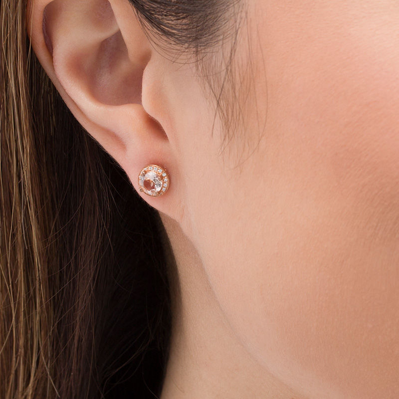 5.0mm Morganite and 0.086 CT. T.W. Diamond Frame Stud Earrings in 10K Rose Gold|Peoples Jewellers