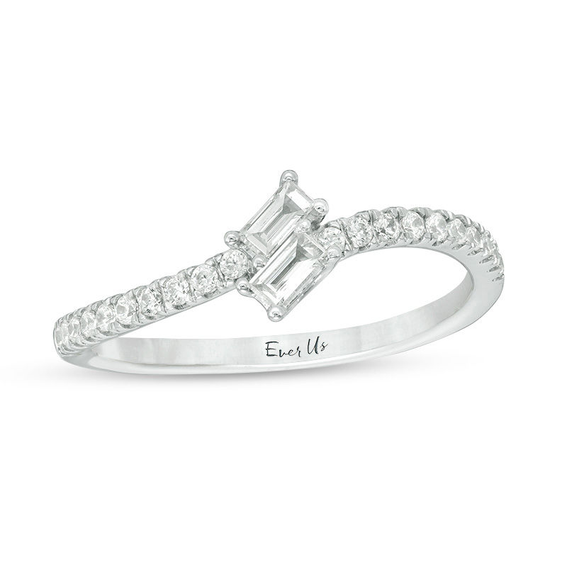 Ever Us™ 0.25 CT. T.W. Two-Stone Baguette Diamond Slant Bypass Ring in 10K White Gold|Peoples Jewellers