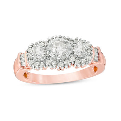 0.57 CT. T.W. Diamond Three Stone Frame Collar Engagement Ring in 10K Rose Gold