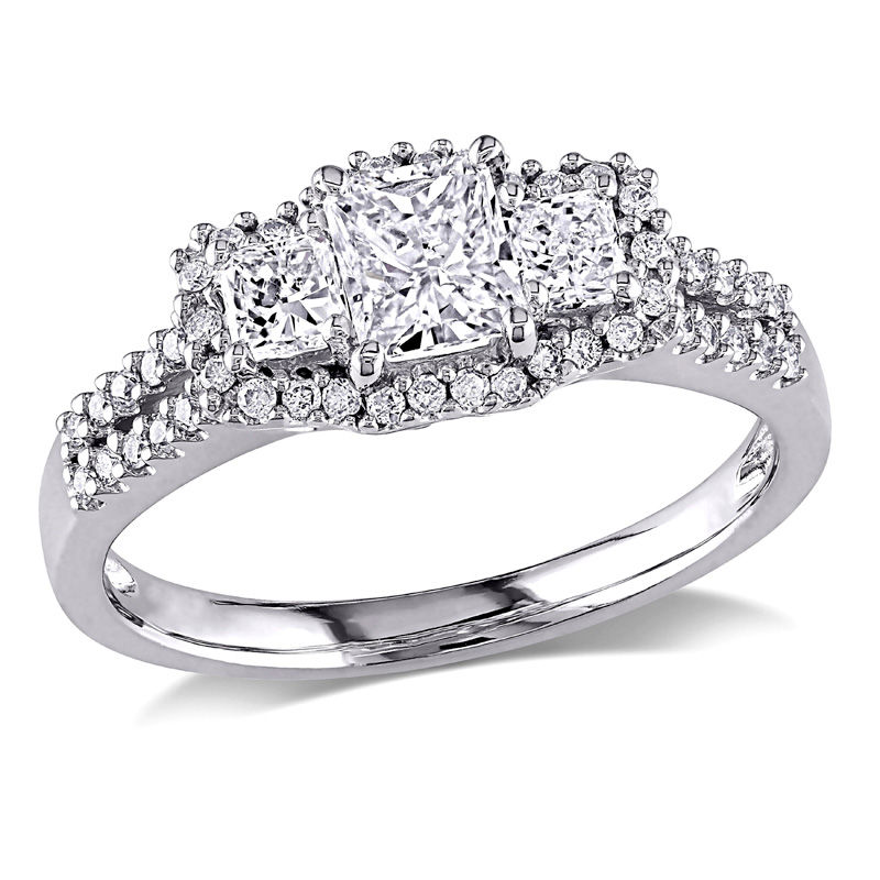 0.98 CT. T.W. Radiant-Cut Diamond Three Stone Frame Engagement Ring in 14K White Gold