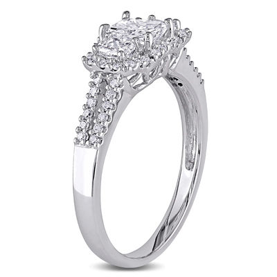 0.98 CT. T.W. Radiant-Cut Diamond Three Stone Frame Engagement Ring in 14K White Gold