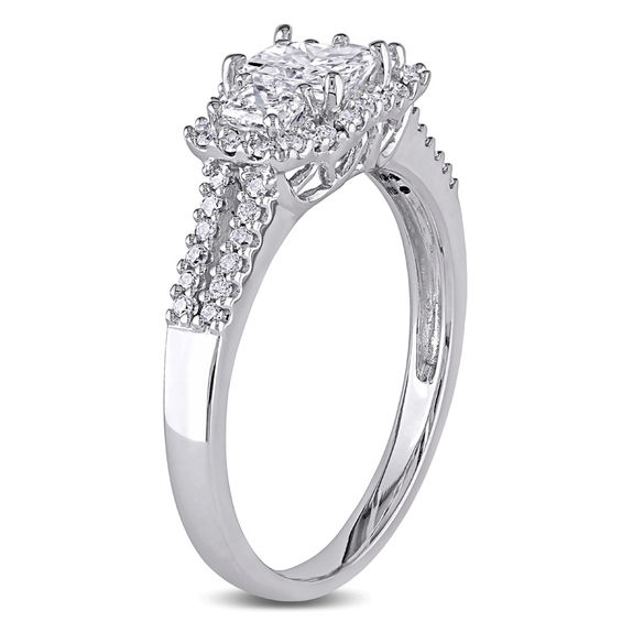 0.98 CT. T.W. Radiant-Cut Diamond Three Stone Frame Engagement Ring in 14K White Gold