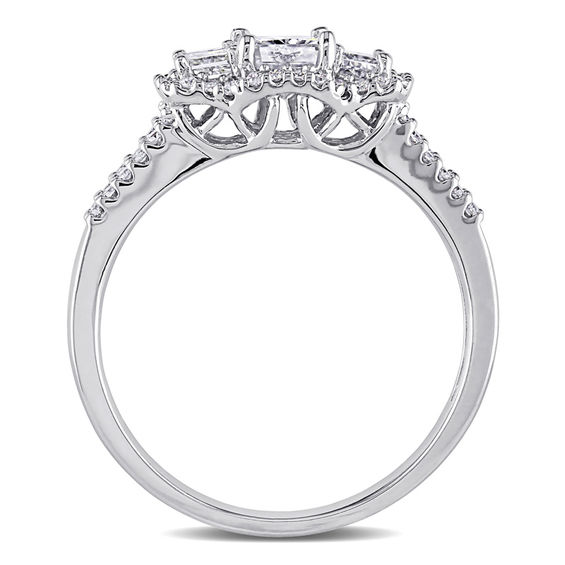 0.98 CT. T.W. Radiant-Cut Diamond Three Stone Frame Engagement Ring in 14K White Gold