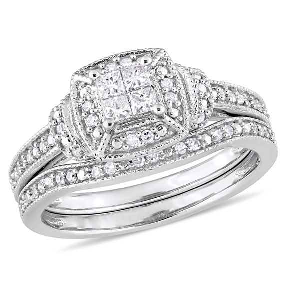 0.35 CT. T.W. Quad Princess-Cut Diamond Frame Collar Vintage-Style Bridal Set in 10K White Gold