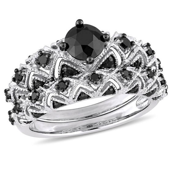 1.23 CT. T.W. Black Diamond Zig-Zag Vintage-Style Bridal Set in 10K White Gold