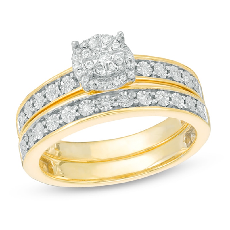 0.145 CT. T.W. Diamond Frame Bridal Set in Sterling Silver with 14K Gold Plate|Peoples Jewellers