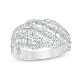 0.95 CT. T.W. Baguette and Round Diamond Multi-Row Wave Band in 10K White Gold