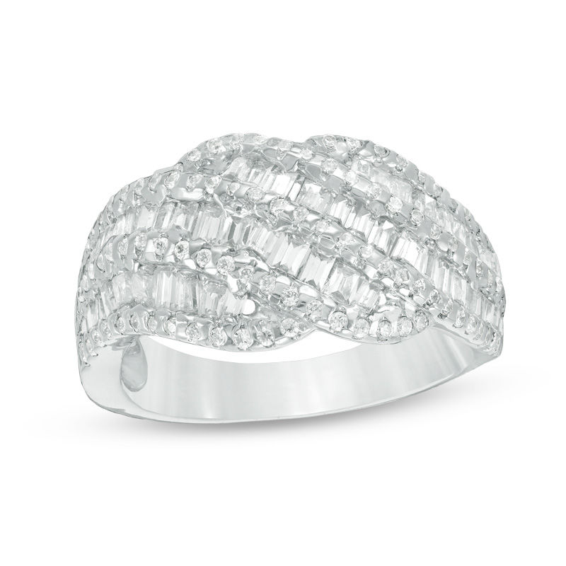 0.95 CT. T.W. Baguette and Round Diamond Multi-Row Wave Band in 10K White Gold|Peoples Jewellers