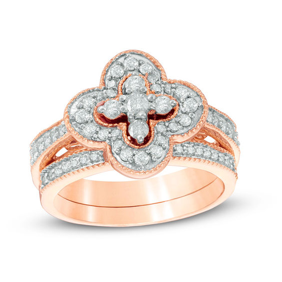 0.58 CT. T.W. Diamond Clover Frame Vintage-Style Bridal Set in 10K Rose Gold