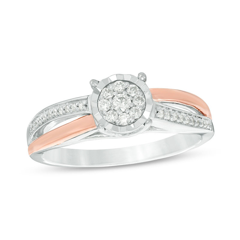 0.146 CT. T.W. Diamond Frame Crossover Promise Ring in Sterling Silver and 10K Rose Gold