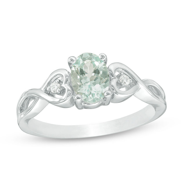 Oval Aquamarine and Diamond Accent Heart Sides Promise Ring in Sterling Silver|Peoples Jewellers