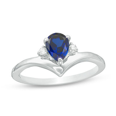 Pear-Shaped Lab-Created Blue Sapphire and 0.04 CT. T.W. Diamond Chevron Promise Ring in Sterling Silver