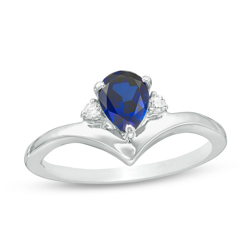 Pear-Shaped Lab-Created Blue Sapphire and 0.04 CT. T.W. Diamond Chevron Promise Ring in Sterling Silver|Peoples Jewellers