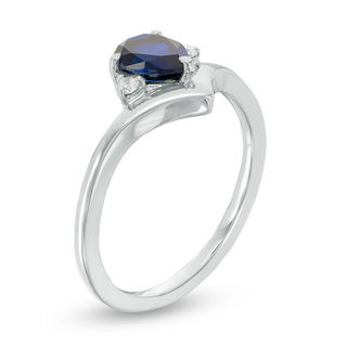 Pear-Shaped Lab-Created Blue Sapphire and 0.04 CT. T.W. Diamond Chevron Promise Ring in Sterling Silver