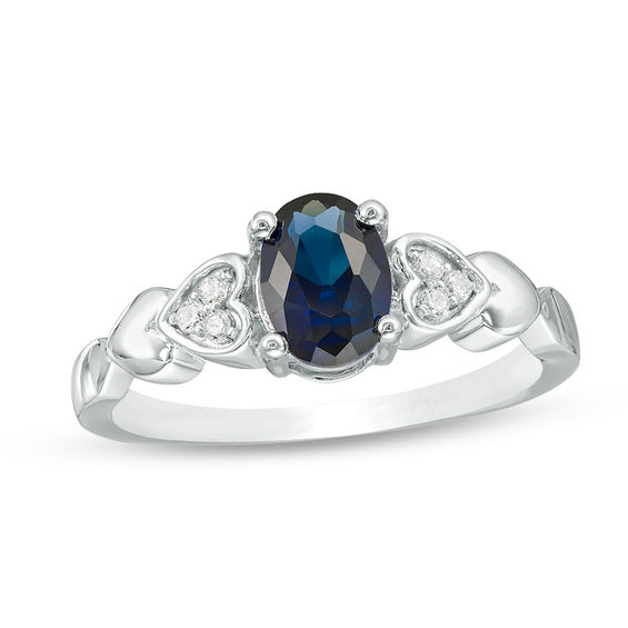 Oval Lab-Created Blue Sapphire and 0.04 CT. T.W. Diamond Tri-Sides Hearts Promise Ring in Sterling Silver