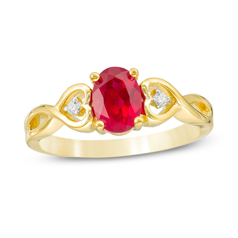 Oval Lab-Created Ruby and Diamond Accent Heart Sides Promise Ring in 10K Gold|Peoples Jewellers