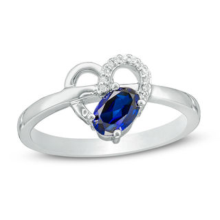 Oval Lab-Created Blue Sapphire and Diamond Accent Heart Promise Ring in Sterling Silver