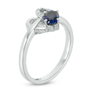 Oval Lab-Created Blue Sapphire and Diamond Accent Heart Promise Ring in Sterling Silver