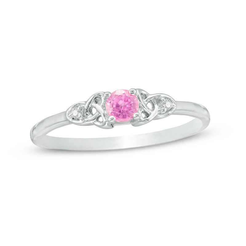 Lab-Created Pink Sapphire and Diamond Accent Trinity-Sides Promise Ring in Sterling Silver|Peoples Jewellers