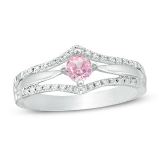 4.0mm Lab-Created Pink Sapphire and 0.086 CT. T.W. Diamond Double Chevron Promise Ring in Sterling Silver