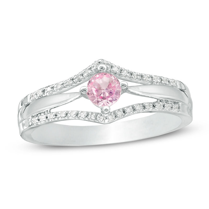 4.0mm Lab-Created Pink Sapphire and 0.086 CT. T.W. Diamond Double Chevron Promise Ring in Sterling Silver|Peoples Jewellers