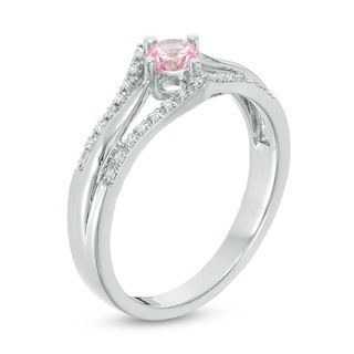 4.0mm Lab-Created Pink Sapphire and 0.086 CT. T.W. Diamond Double Chevron Promise Ring in Sterling Silver