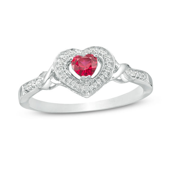 4.0mm Lab-Created Ruby and 0.06 CT. T.W. Diamond Heart Frame Promise Ring in Sterling Silver