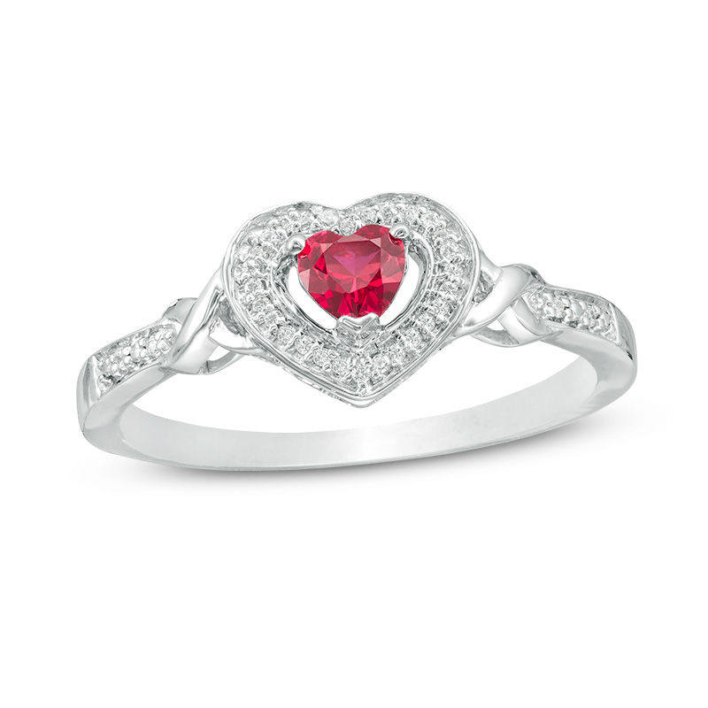 4.0mm Lab-Created Ruby and 0.06 CT. T.W. Diamond Heart Frame Promise Ring in Sterling Silver|Peoples Jewellers